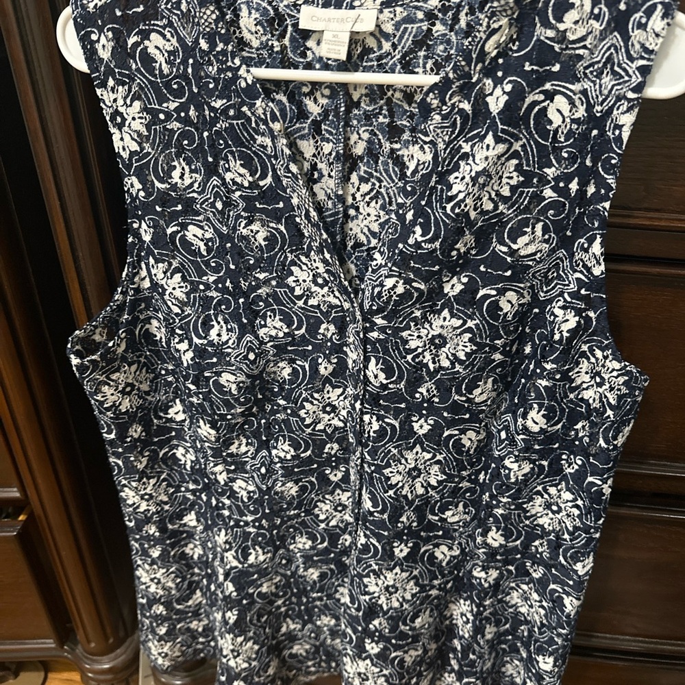 Charter Club Navy and White Sleeveless Top